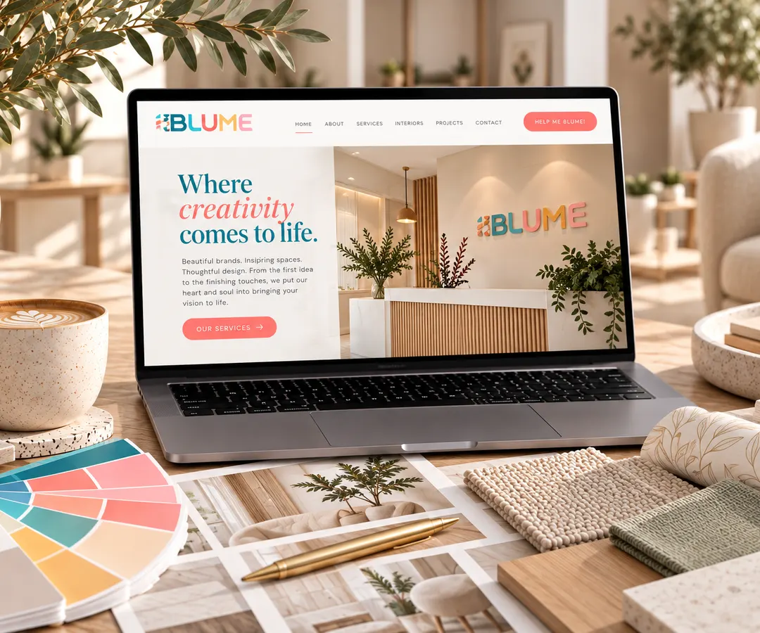 Blume Designs website on a laptop beside colour swatches, wallpaper and interior fabric samples