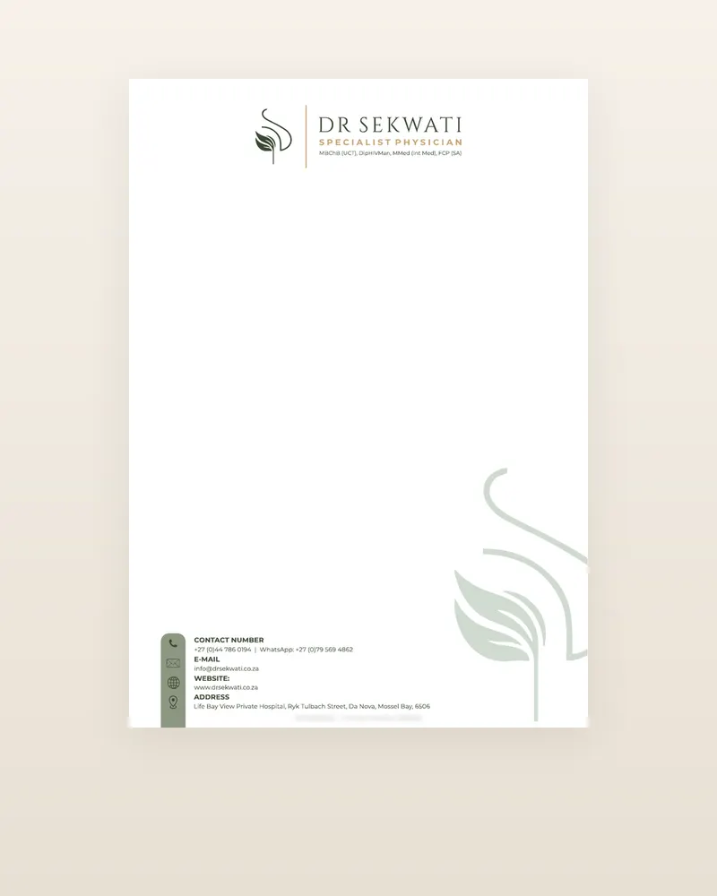 Dr Sekwati A4 letterhead design with leaf watermark