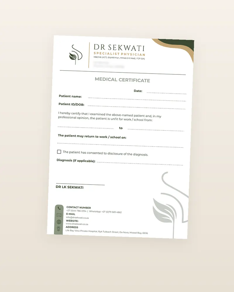 Dr Sekwati A5 medical certificate design