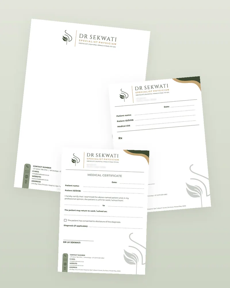 Dr Sekwati stationery suite: letterhead, prescription book and medical certificate designed by Blume Designs