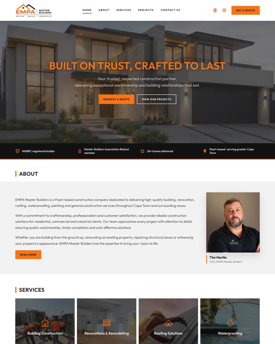 EMPA Master Builders website homepage designed by Blume Designs
