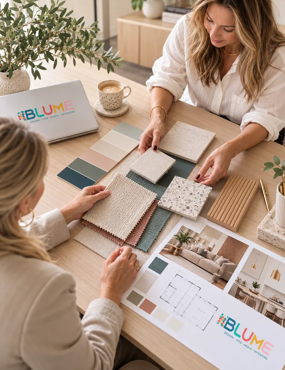 Blume Designs co-founders choosing paint colours, fabric swatches and stone samples for an interior decorating project
