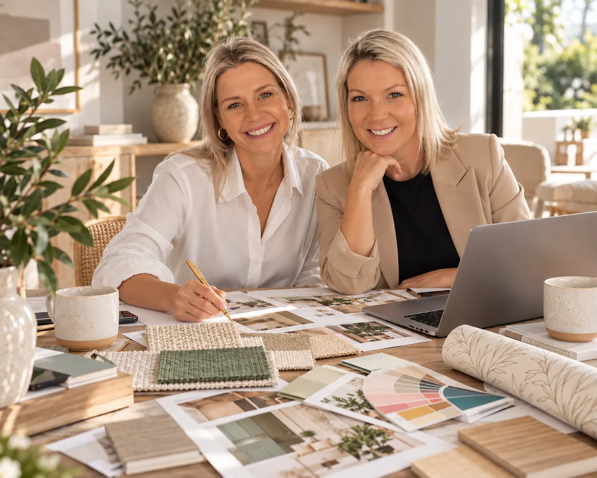 Natasha and Chantelle of Blume Designs at their studio table with fabric samples, colour swatches and mood boards