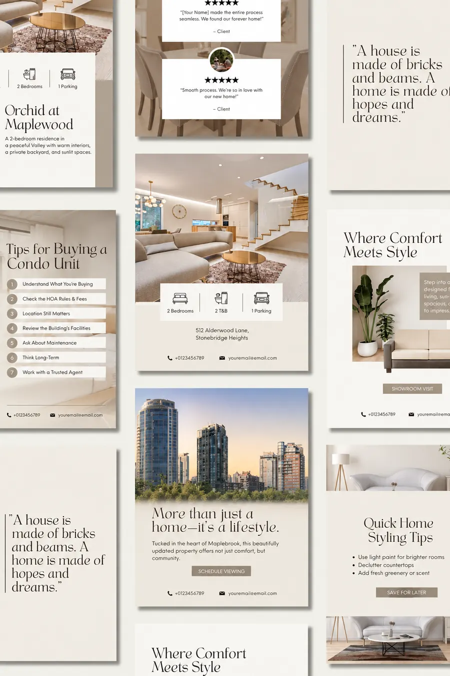 Branded social media post templates for a property brand in soft neutral tones