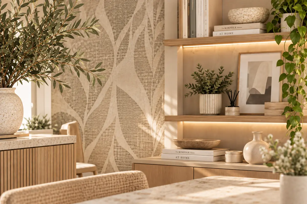 Warm, layered interior with leaf-pattern textured wallpaper, oak shelving with LED lighting, ceramics and greenery