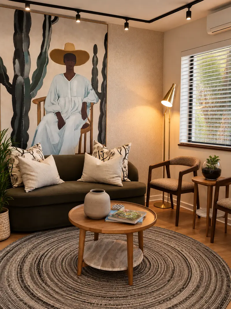 Waiting lounge with olive sofa, large portrait artwork and brass floor lamp at Dr Sekwati's practice, Mossel Bay
