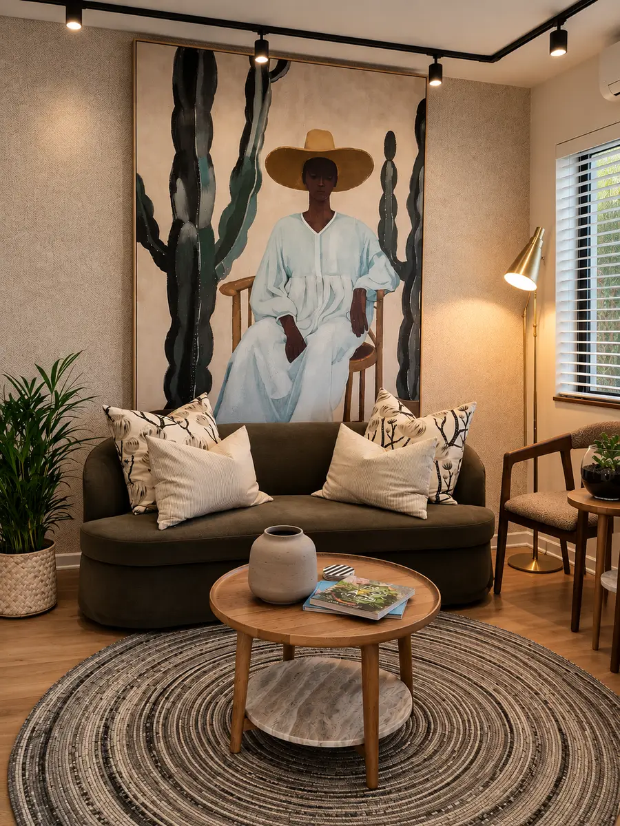 After: the same waiting room with textured wallpaper, olive sofa, statement artwork and brass lighting, by Blume Designs